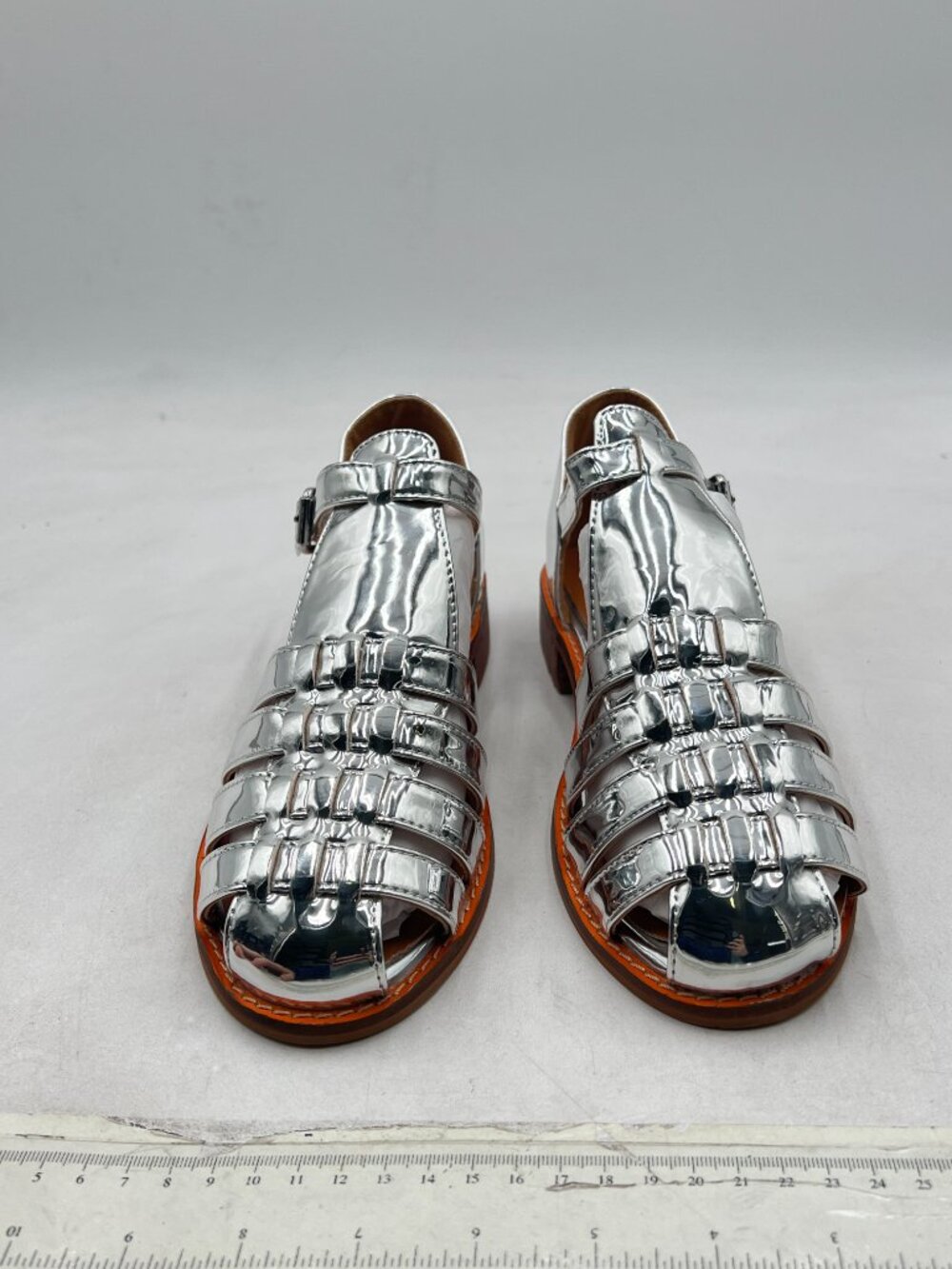 FSJ Silver Closed Toe Low Block Heel Woven Roman Ankle Strap Hollow Cage Sandals - Picture 3 of 8
